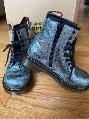 Dr. Martens Kids Teal Crinkle Metallic Combat Boots